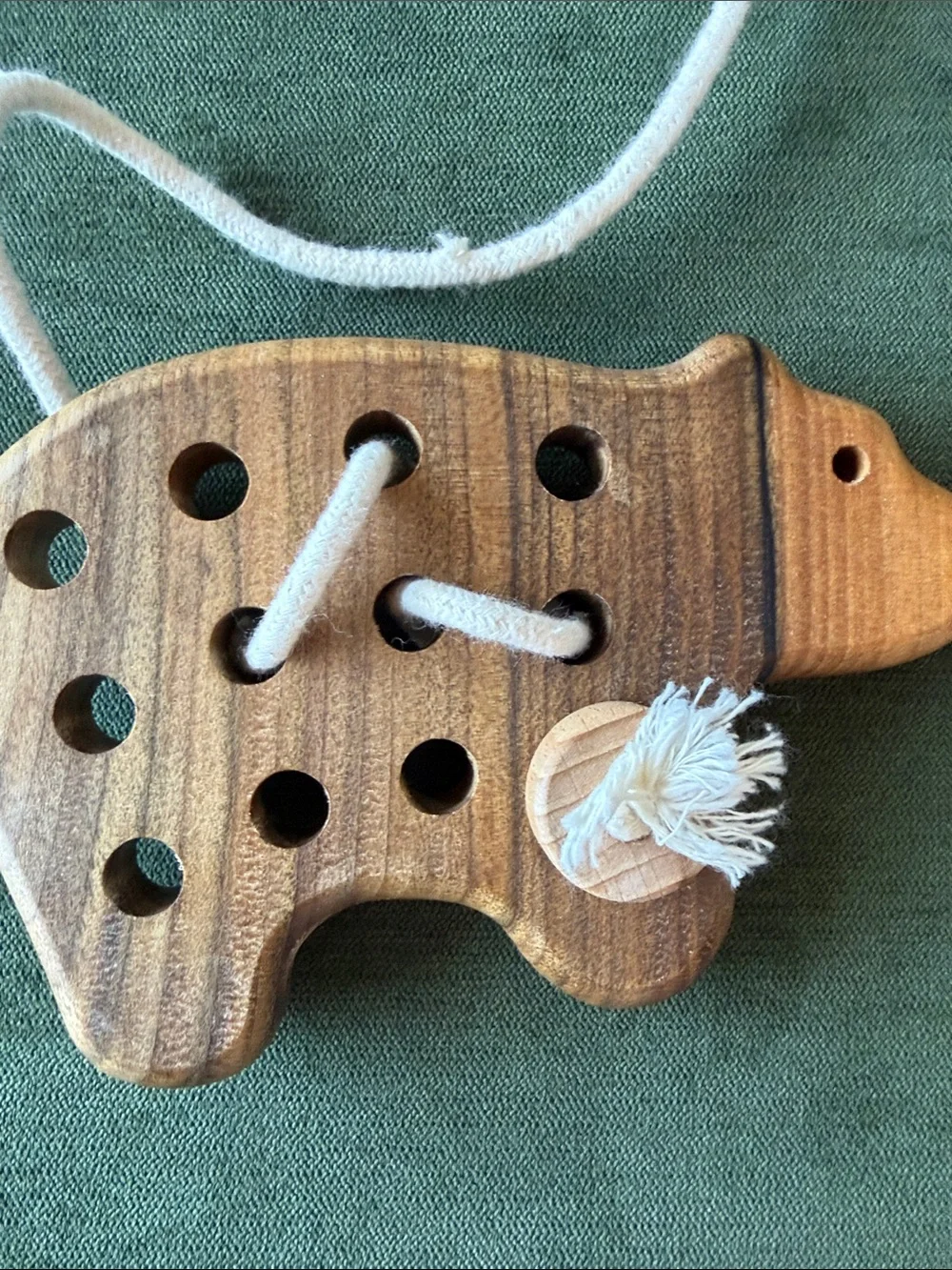 Handmade Wooden Bear Lacing Toy with White Lace